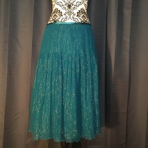 Deep Teal Pleated Skirt w/ Gold Vertical Stripes